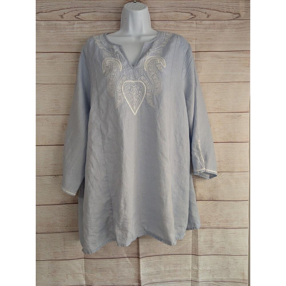 Simple NYC 2X Linen Tunic Boho Top V Neck Tassles Cream Embroidered 3/4 Sleeves